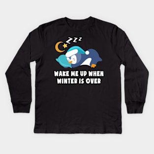 Wake Me Up When Winter is Over Cute Penguin Blue Kids Long Sleeve T-Shirt